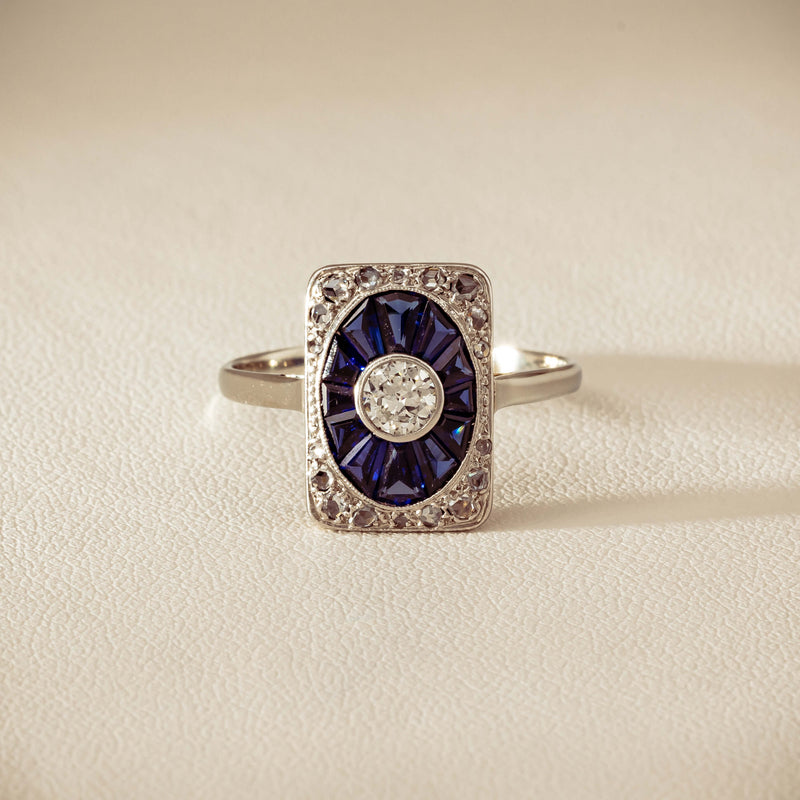Vintage 15ct/18ct White Gold Diamond & Sapphire Ring - Ring - Walker & Hall