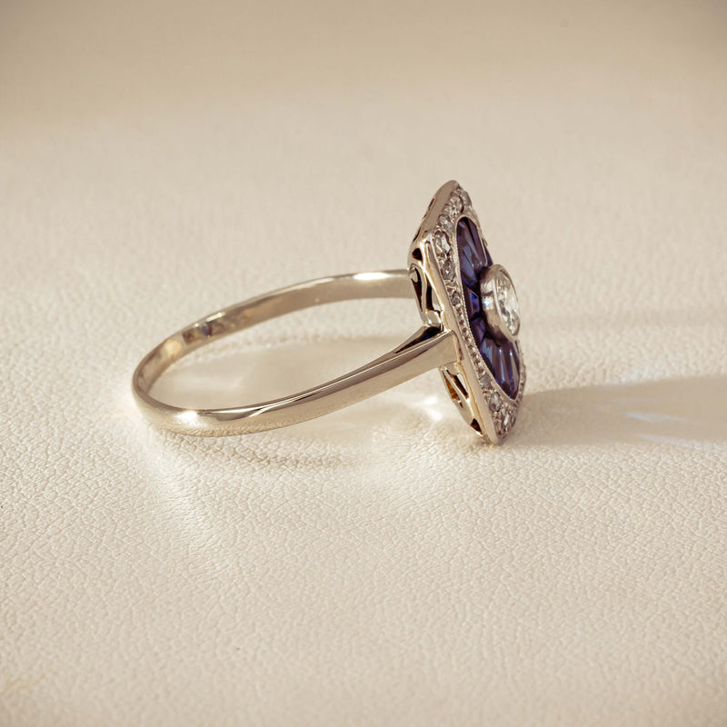 Vintage 15ct/18ct White Gold Diamond & Sapphire Ring - Ring - Walker & Hall
