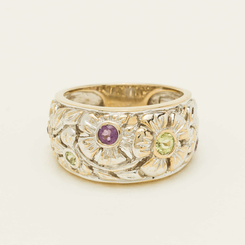 Deja Vu 10ct White / Yellow Gold Amethyst & Peridot Ring