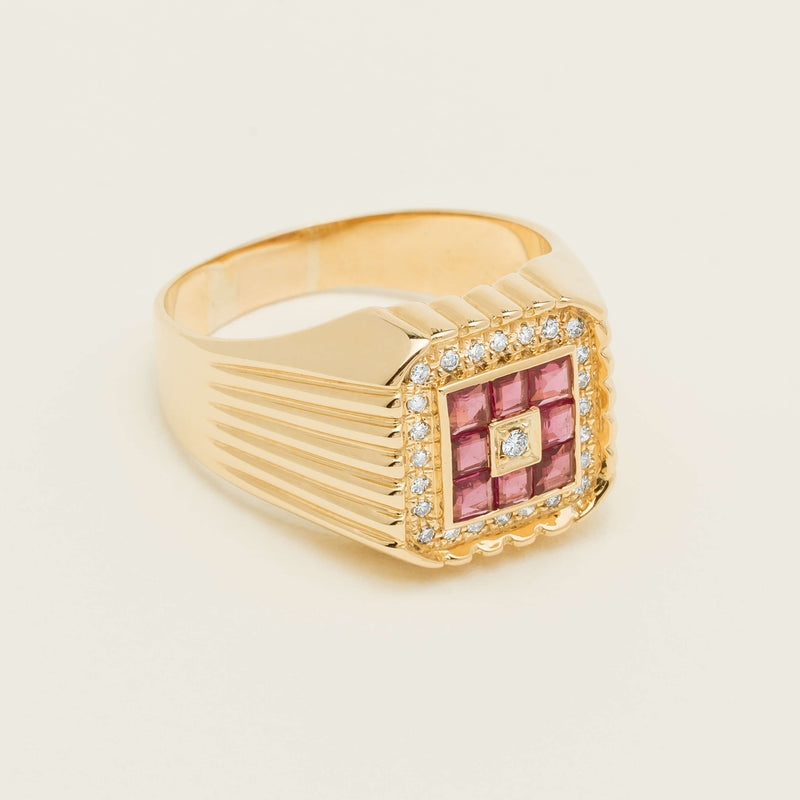 Deja Vu 18ct Yellow Gold Pink Sapphire Diamond Signet Ring - Ring - Walker & Hall
