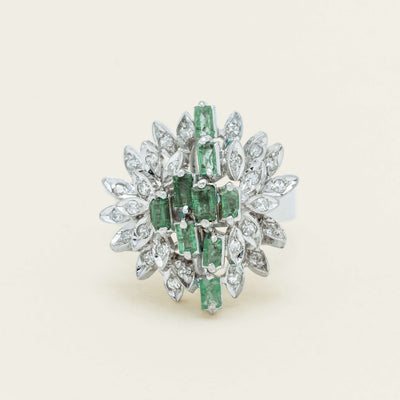 Vintage 13ct White Gold Emerald & Diamond Cluster Ring