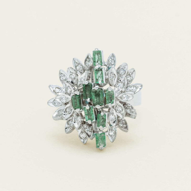 Vintage 13ct White Gold Emerald & Diamond Cluster Ring