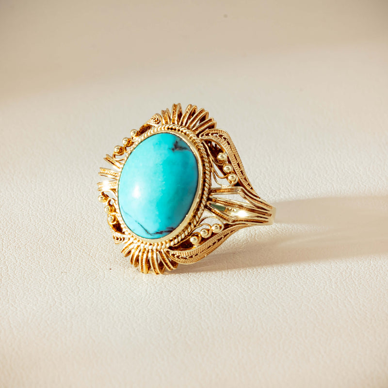 Deja Vu 14ct Yellow Gold Oval Turquoise Filigree Ring