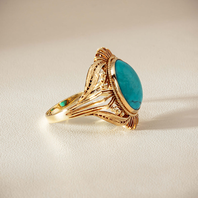 Deja Vu 14ct Yellow Gold Oval Turquoise Filigree Ring