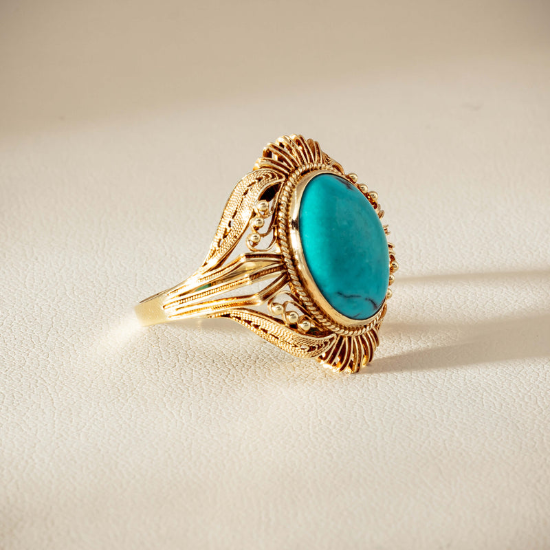 Deja Vu 14ct Yellow Gold Oval Turquoise Filigree Ring
