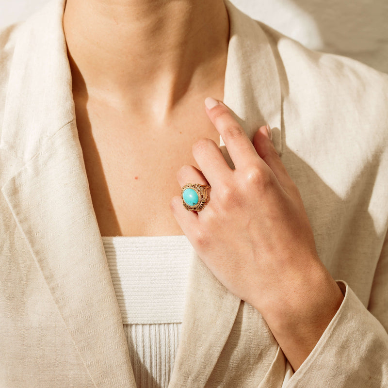 Deja Vu 14ct Yellow Gold Oval Turquoise Filigree Ring