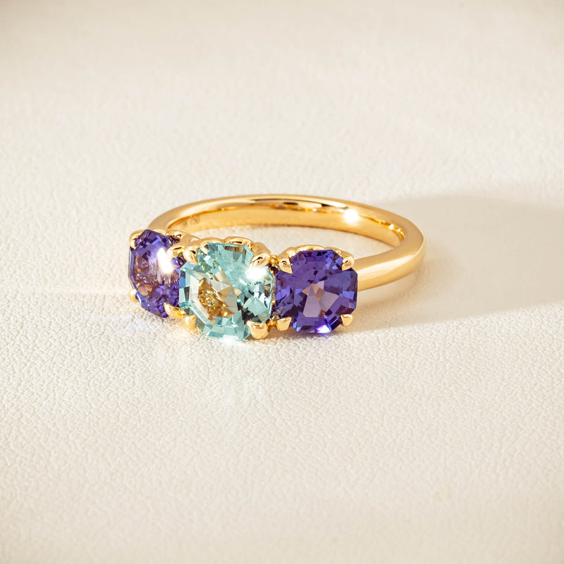 18ct Yellow Gold Aquamarine & Tanzanite Three Stone Octavia Ring - Ring - Walker & Hall
