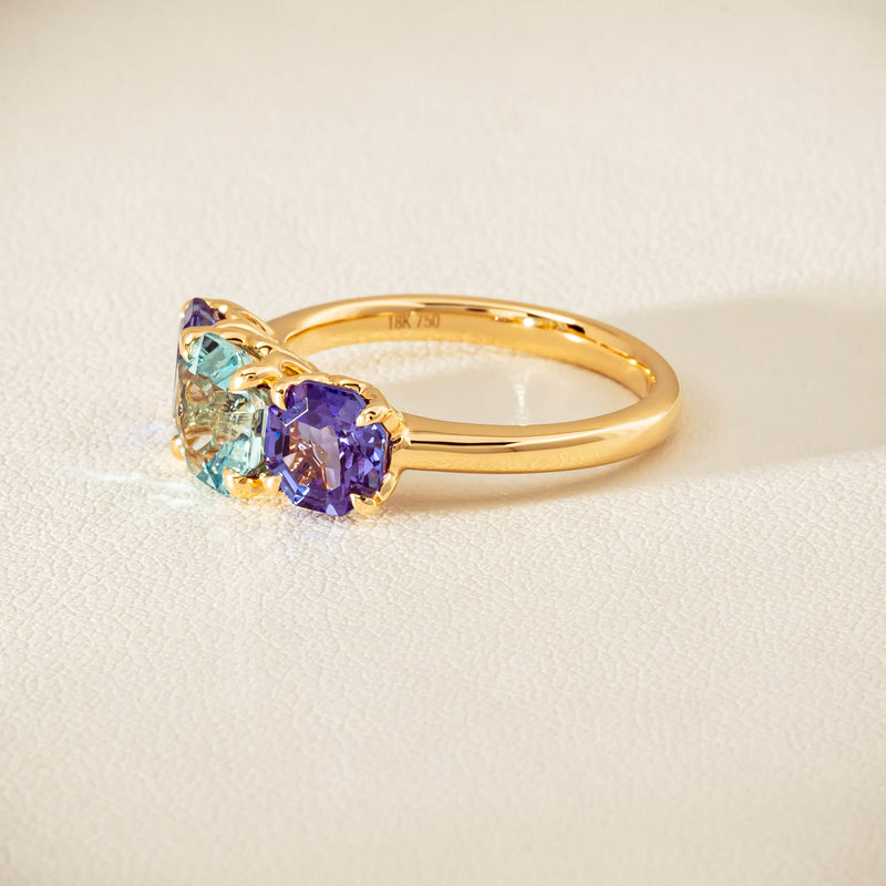 18ct Yellow Gold Aquamarine & Tanzanite Three Stone Octavia Ring - Ring - Walker & Hall