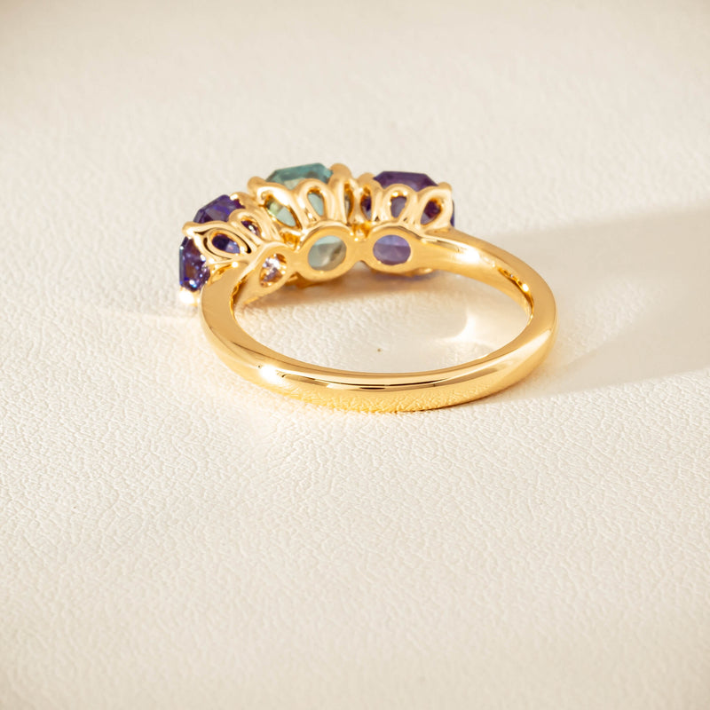 18ct Yellow Gold Aquamarine & Tanzanite Three Stone Octavia Ring - Ring - Walker & Hall