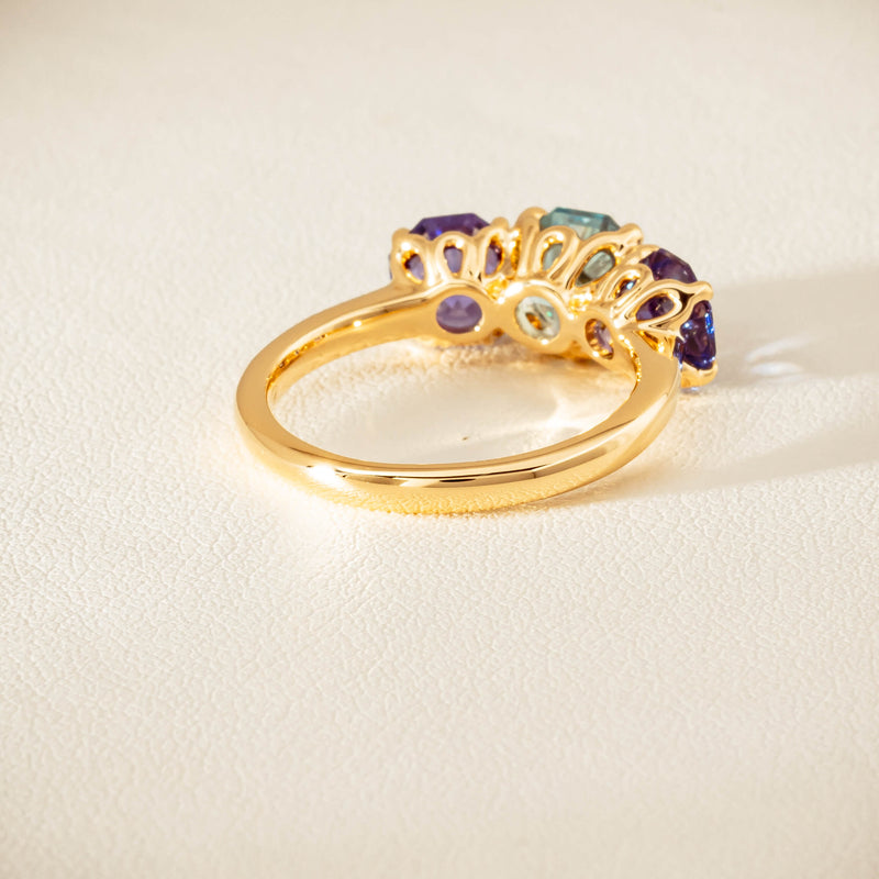 18ct Yellow Gold Aquamarine & Tanzanite Three Stone Octavia Ring - Ring - Walker & Hall