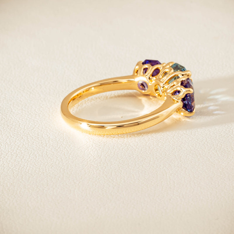 18ct Yellow Gold Aquamarine & Tanzanite Three Stone Octavia Ring - Ring - Walker & Hall