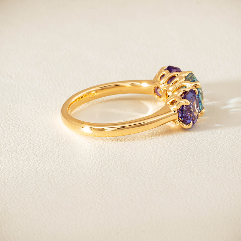 18ct Yellow Gold Aquamarine & Tanzanite Three Stone Octavia Ring - Ring - Walker & Hall