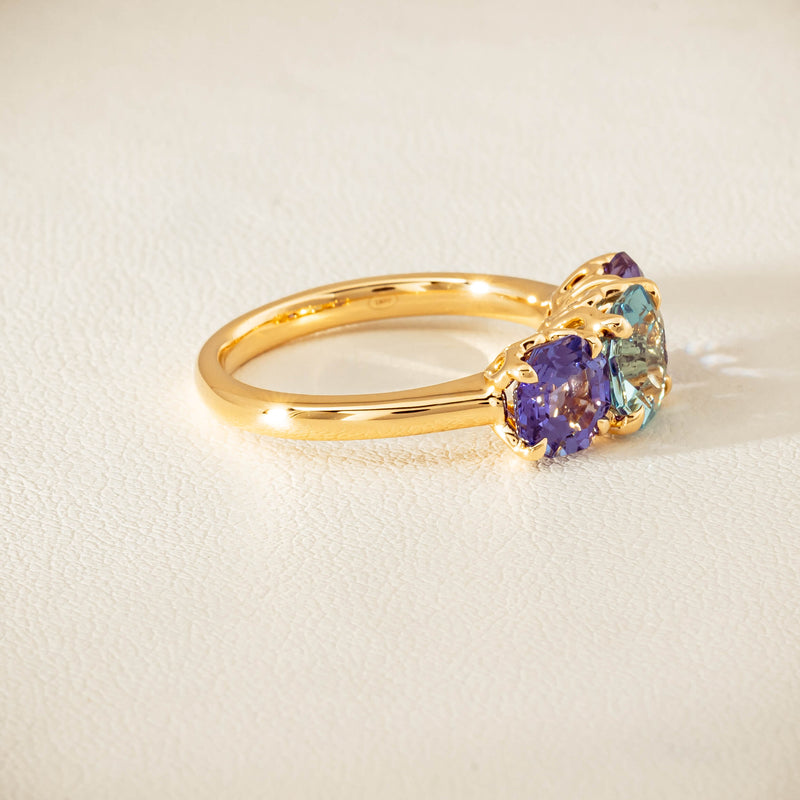 18ct Yellow Gold Aquamarine & Tanzanite Three Stone Octavia Ring - Ring - Walker & Hall