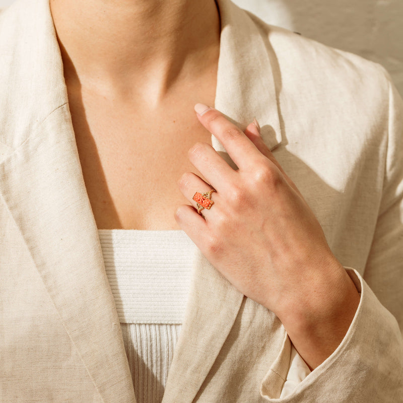 Deja Vu 14ct Yellow Gold Carved Coral Ring