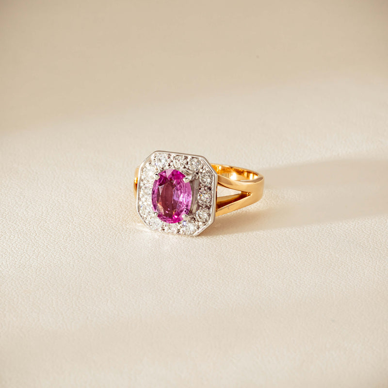 Deja Vu 18ct Yellow Gold 2.00ct Pink Sapphire Halo Ring - Ring - Walker & Hall