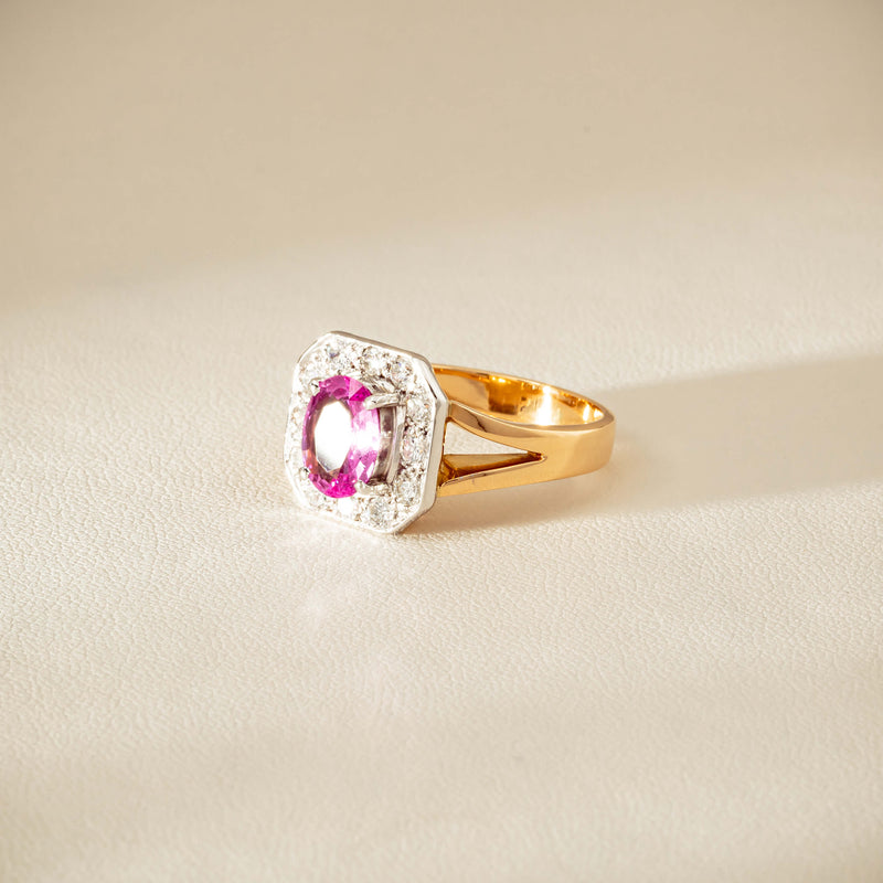 Deja Vu 18ct Yellow Gold 2.00ct Pink Sapphire Halo Ring - Ring - Walker & Hall