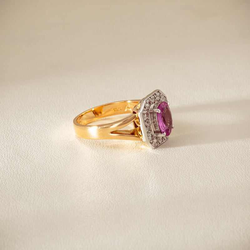 Deja Vu 18ct Yellow Gold 2.00ct Pink Sapphire Halo Ring - Ring - Walker & Hall