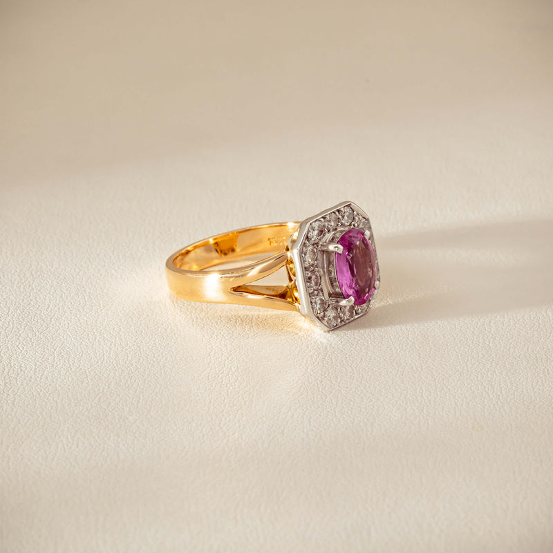 Deja Vu 18ct Yellow Gold 2.00ct Pink Sapphire Halo Ring - Ring - Walker & Hall