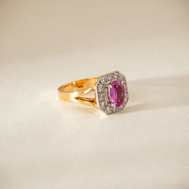 Deja Vu 18ct Yellow Gold 2.00ct Pink Sapphire Halo Ring - Ring - Walker & Hall