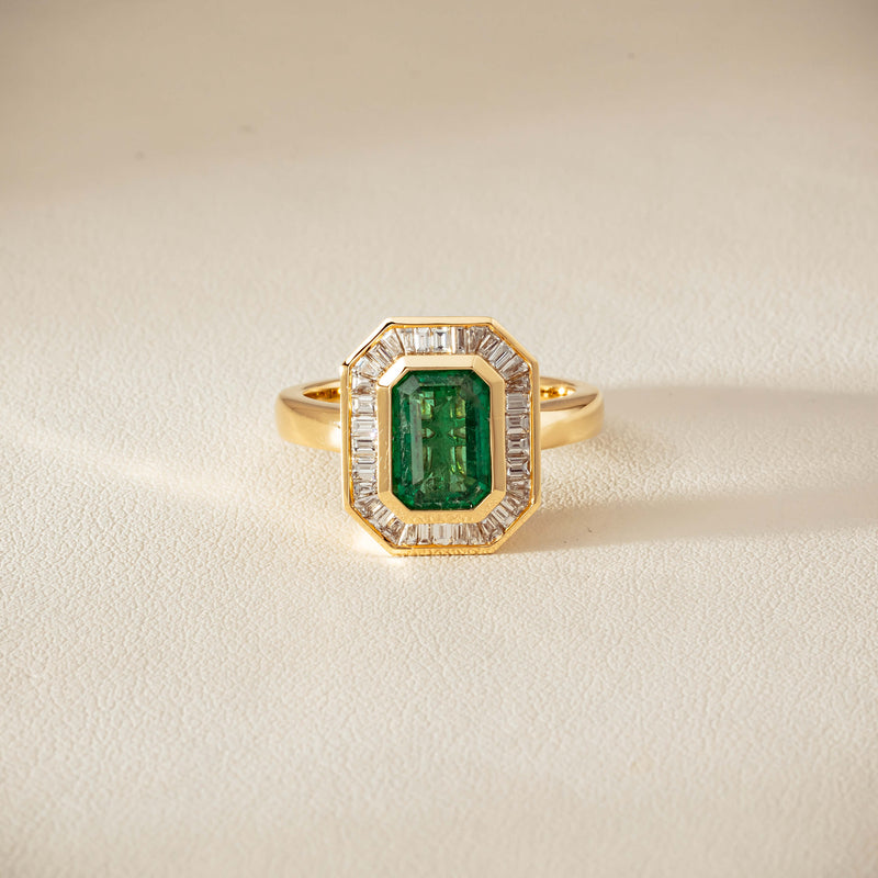 18ct Yellow Gold 2.26ct Emerald & Diamond Halo Ring