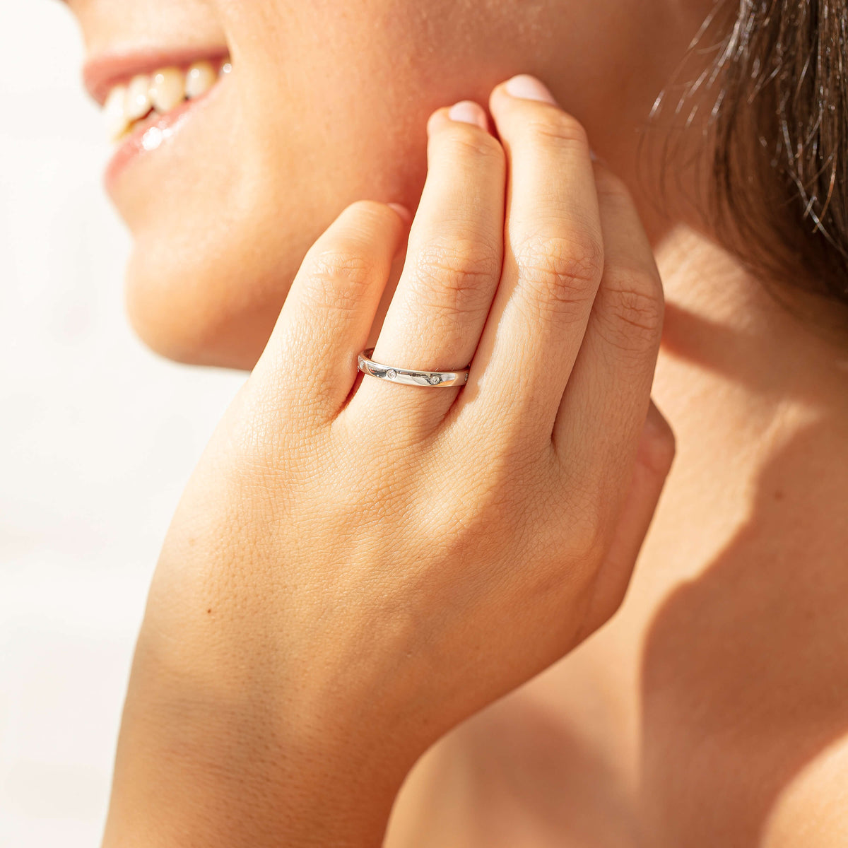 Model wearing white gold Diamond Lucky Band