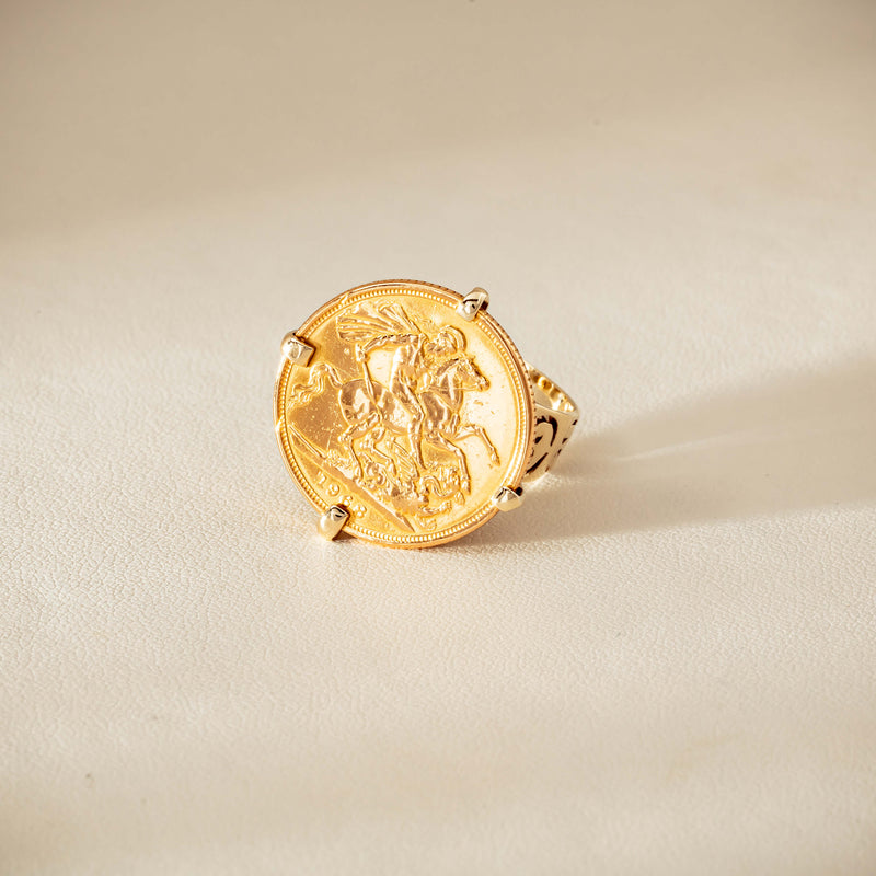 Vintage 9ct Yellow Gold Ring with 22ct Full Sovereign 1968 - Ring - Walker & Hall