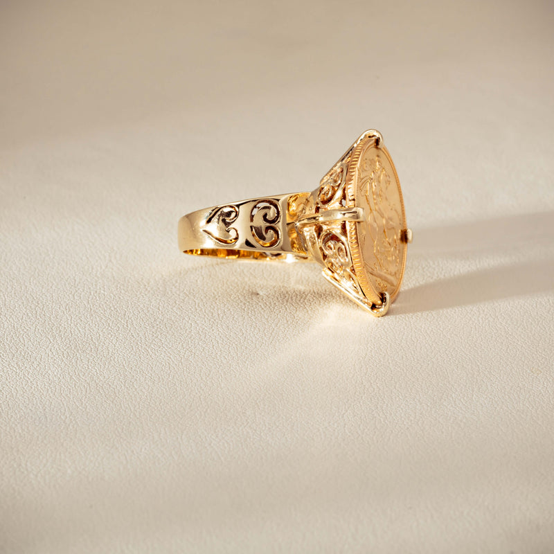 Vintage 9ct Yellow Gold Ring with 22ct Full Sovereign 1968 - Ring - Walker & Hall