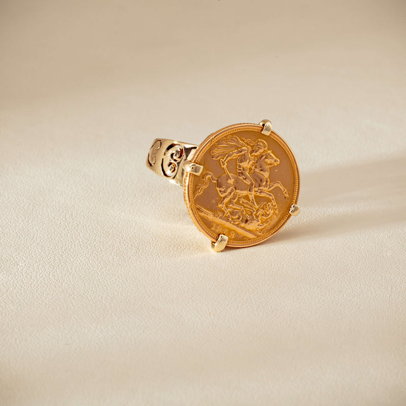 Vintage 9ct Yellow Gold Ring with 22ct Full Sovereign 1968 - Ring - Walker & Hall