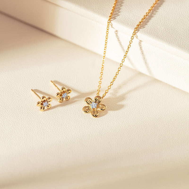 9ct Yellow Gold Diamond Flower Pendant-Necklace-Walker & Hall