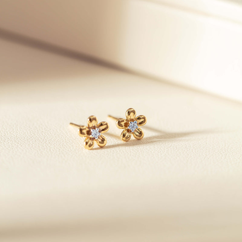 9ct Yellow Gold .04ct Diamond Flower Stud Earrings-Earrings-Walker & Hall