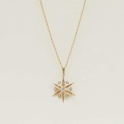 Vintage 9ct Rose Gold Diamond & Pearl Starburst Pendant - Necklace - Walker & Hall