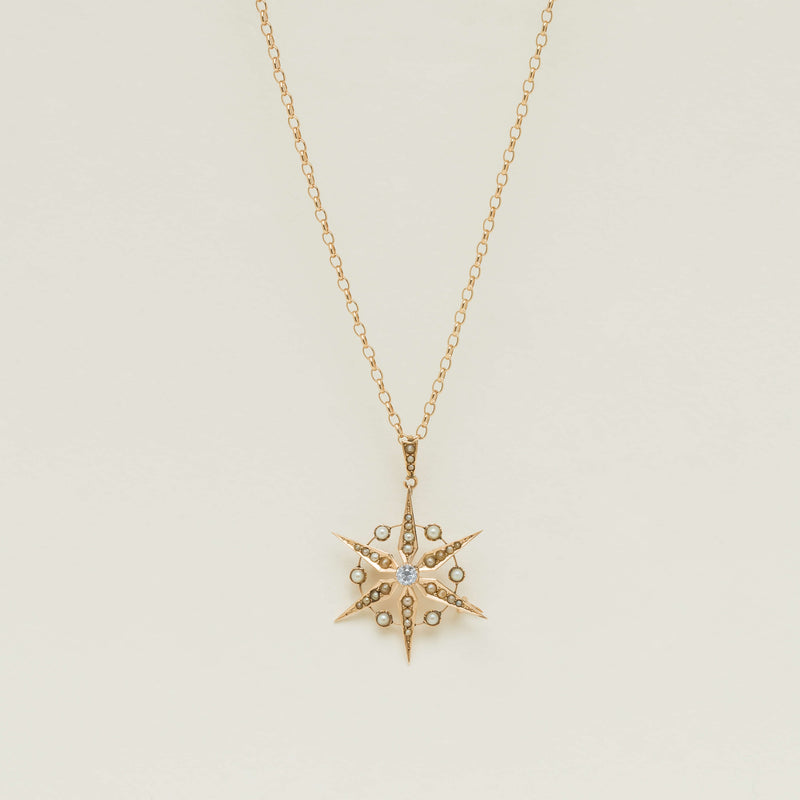 Vintage 9ct Rose Gold Diamond & Pearl Starburst Pendant - Necklace - Walker & Hall