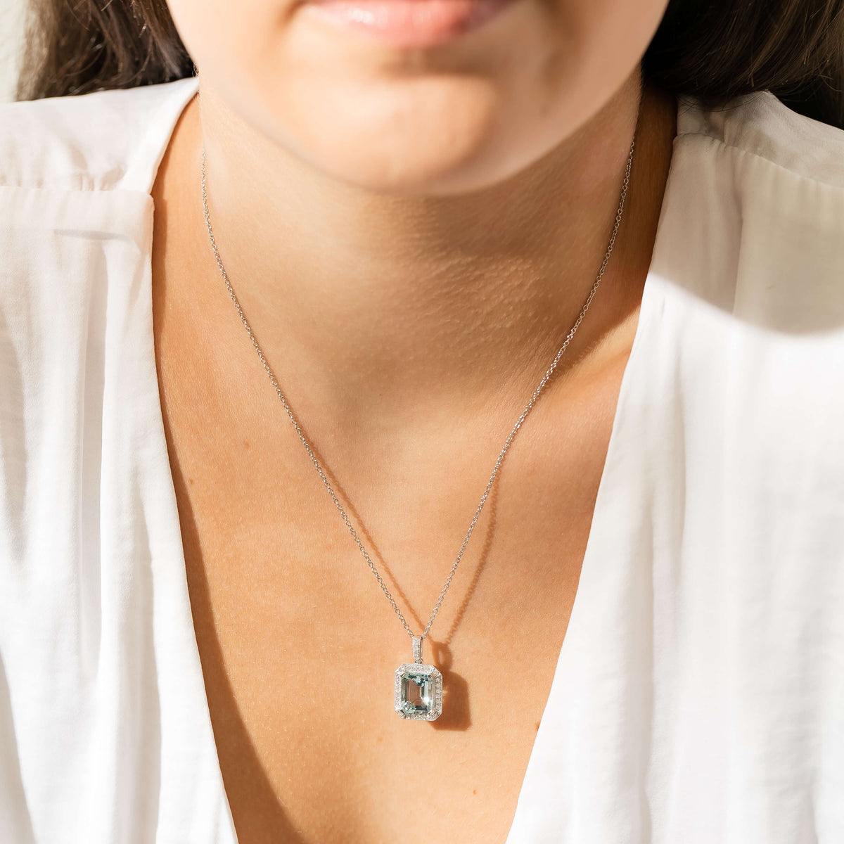 Model wearing Aquamarine Empire Pendant