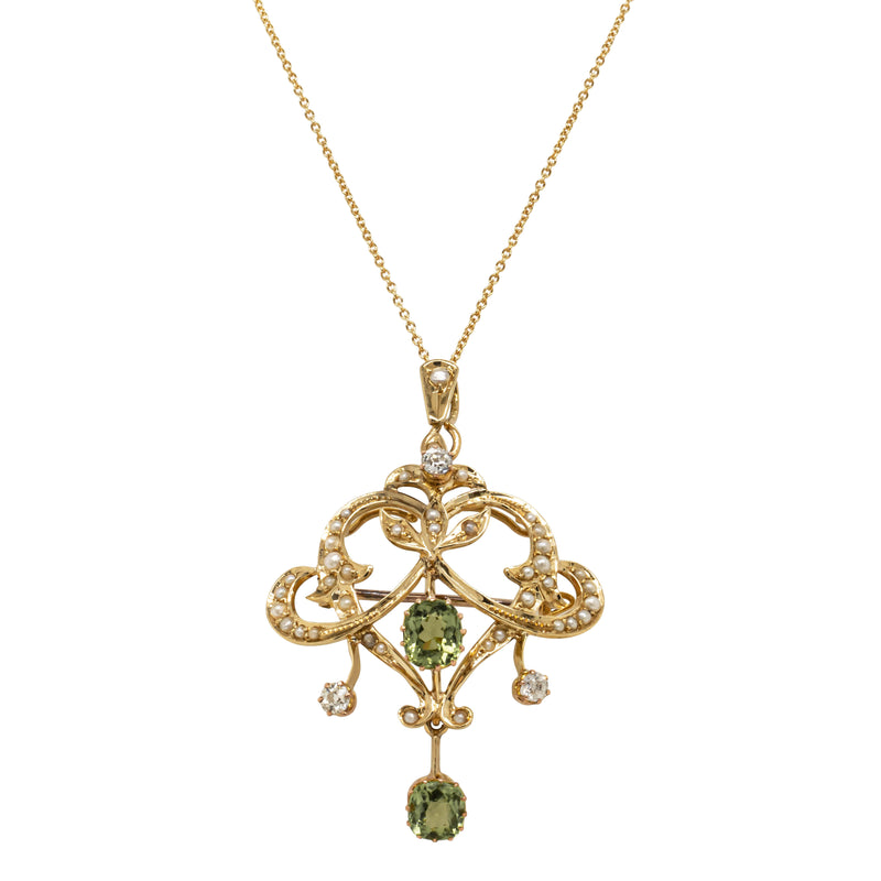 Vintage 14ct Yellow Gold Peridot, Diamond & Seed Pearl Pendant-Necklace-Walker & Hall