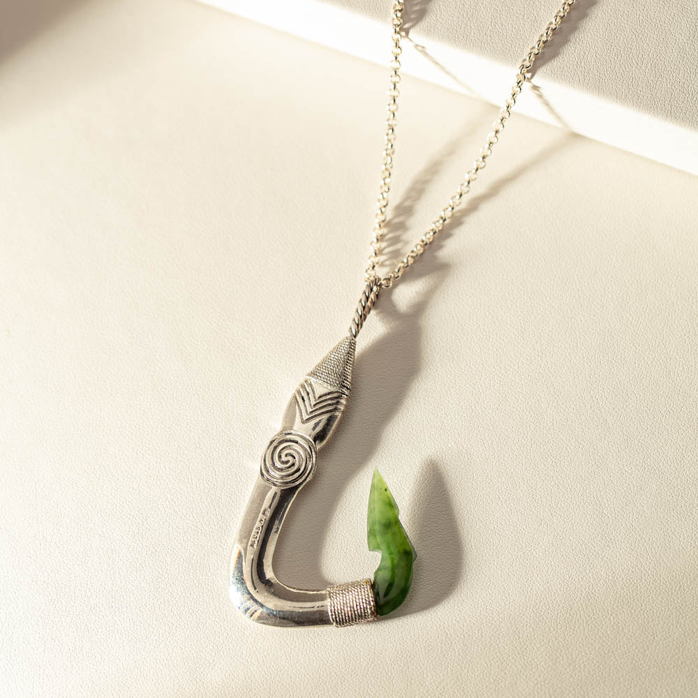 Vintage Sterling Silver Nephrite Fish Hook Pendant With Chain