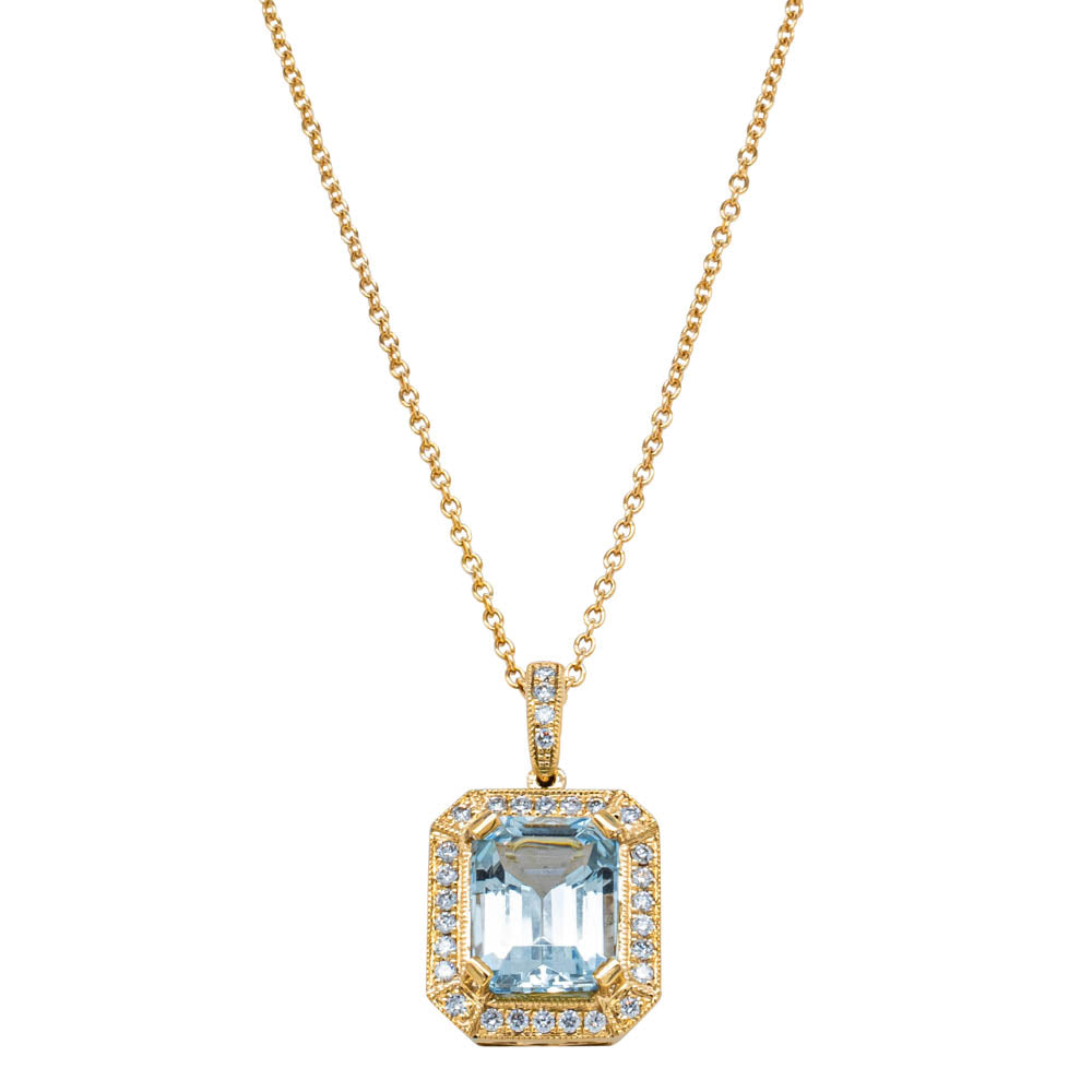 18ct Yellow Gold 3.04ct Aquamarine & Diamond Empire Pendant - Necklace - Walker & Hall