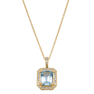 18ct Yellow Gold 3.04ct Aquamarine & Diamond Empire Pendant - Necklace - Walker & Hall