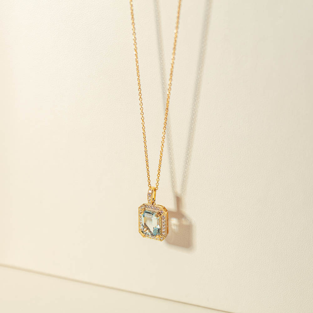 18ct Yellow Gold 3.04ct Aquamarine & Diamond Empire Pendant - Necklace - Walker & Hall