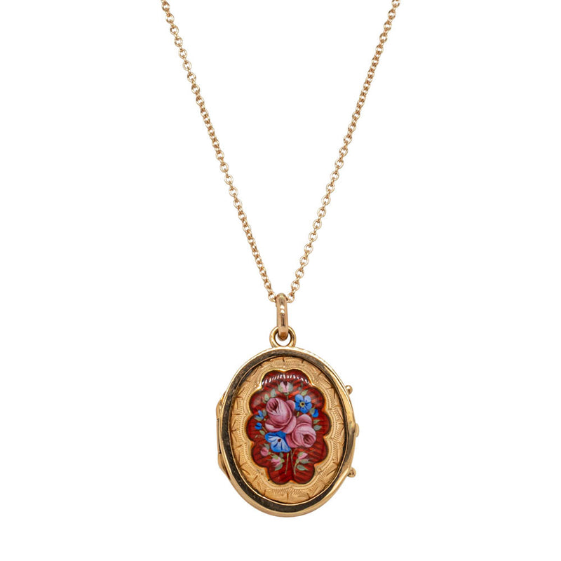 Vintage 18ct Yellow Gold Enamel Flowers Locket-Necklace-Walker & Hall
