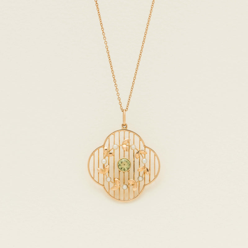Vintage 15ct Yellow Gold Peridot & Pearl Pendant - Necklace - Walker & Hall