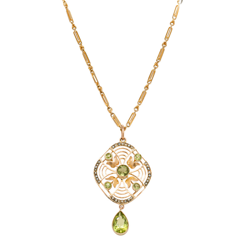 Vintage 10ct Yellow Gold Peridot & Seed Pearl Pendant - Necklace - Walker & Hall