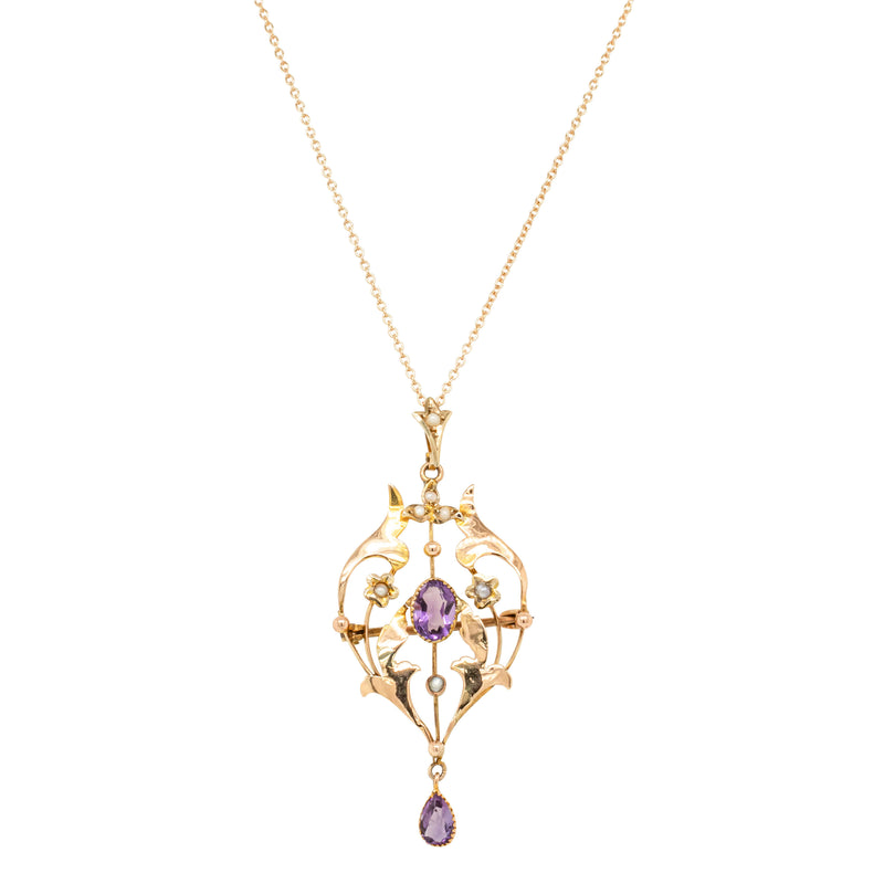 Vintage 9ct Yellow Gold Amethyst & Seed Pearl Pendant / Brooch-Necklace-Walker & Hall