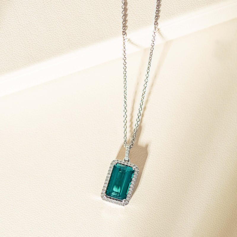 18ct White Gold 3.40ct Teal Tourmaline & Diamond Pendant