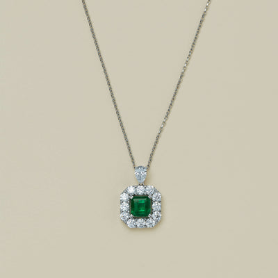 18ct White Gold 2.59ct Emerald & Diamond Pendant - Necklace - Walker & Hall