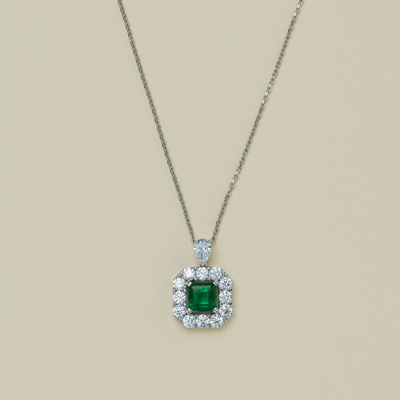 18ct White Gold 2.59ct Emerald & Diamond Pendant - Necklace - Walker & Hall