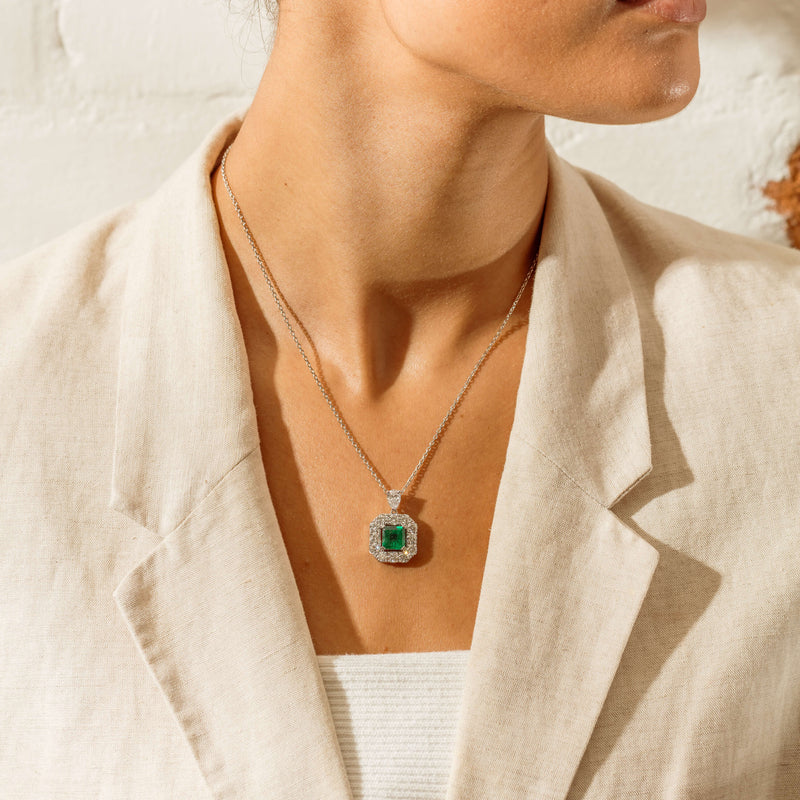 18ct White Gold 2.59ct Emerald & Diamond Pendant - Necklace - Walker & Hall