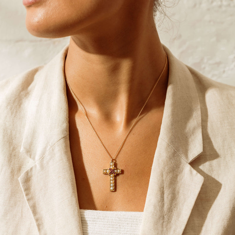 Vintage 18ct Yellow Gold Ruby & Pearl Cross Pendant - Necklace - Walker & Hall
