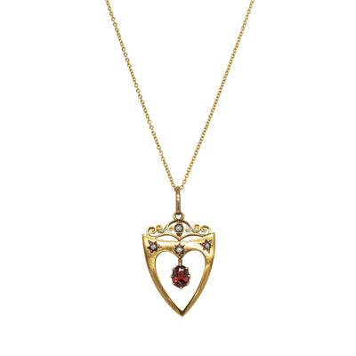Vintage 15ct Yellow Gold Garnet & Seed Pearl Shield Pendant - Necklace - Walker & Hall