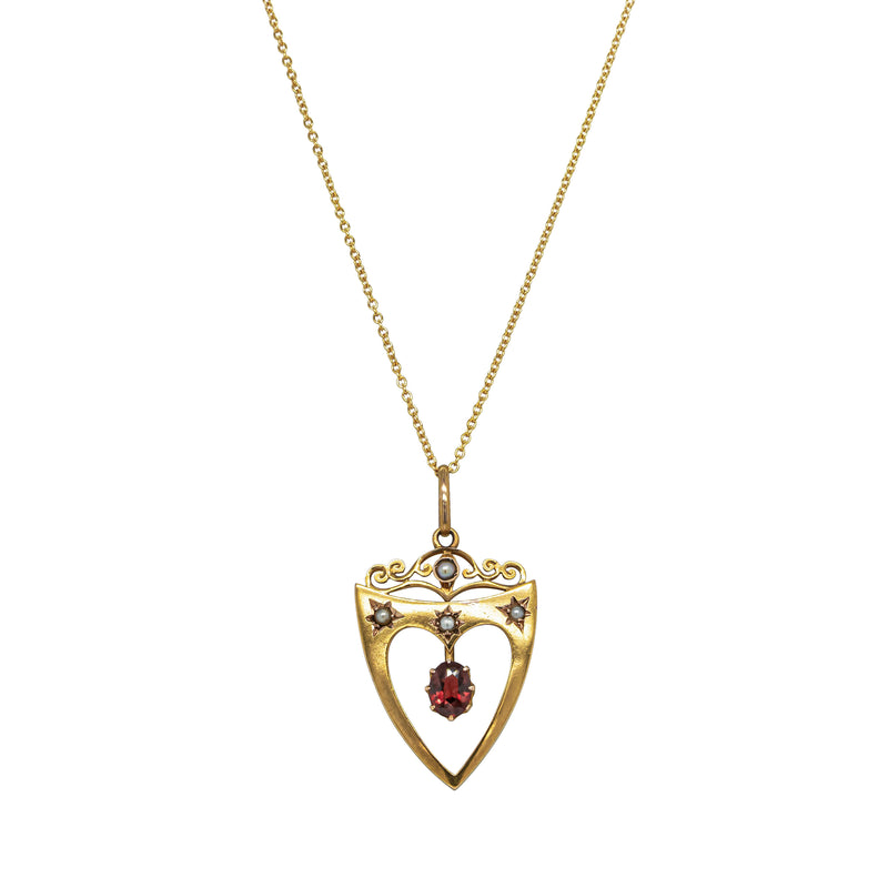 Vintage 15ct Yellow Gold Garnet & Seed Pearl Shield Pendant - Necklace - Walker & Hall