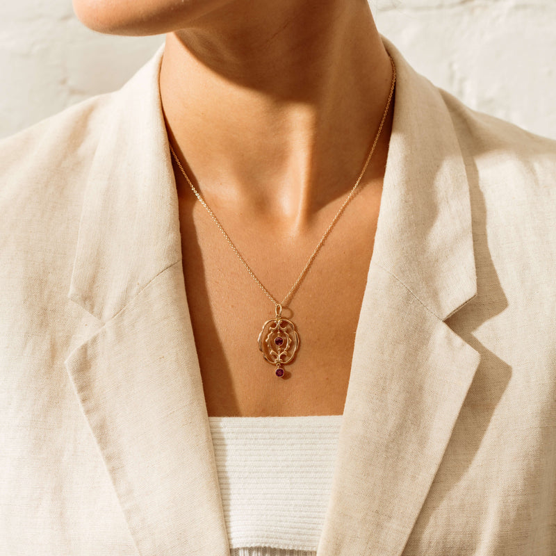 Deja Vu 9ct Rose Gold Garnet Openwork Pendant - Necklace - Walker & Hall